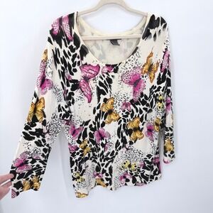 ISA Women XL Butterfly Animal Print Beaded Scoop Neck Lightweight Knit‎ Sweater